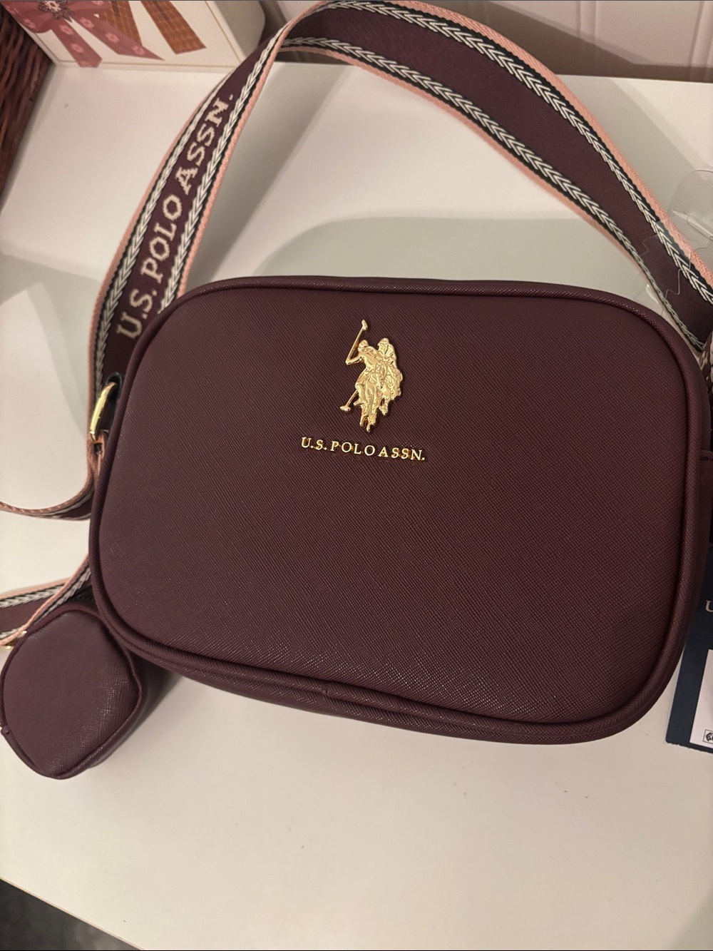 U.S. Polo Assn. Burgundy Messenger Bag with Gold Logo